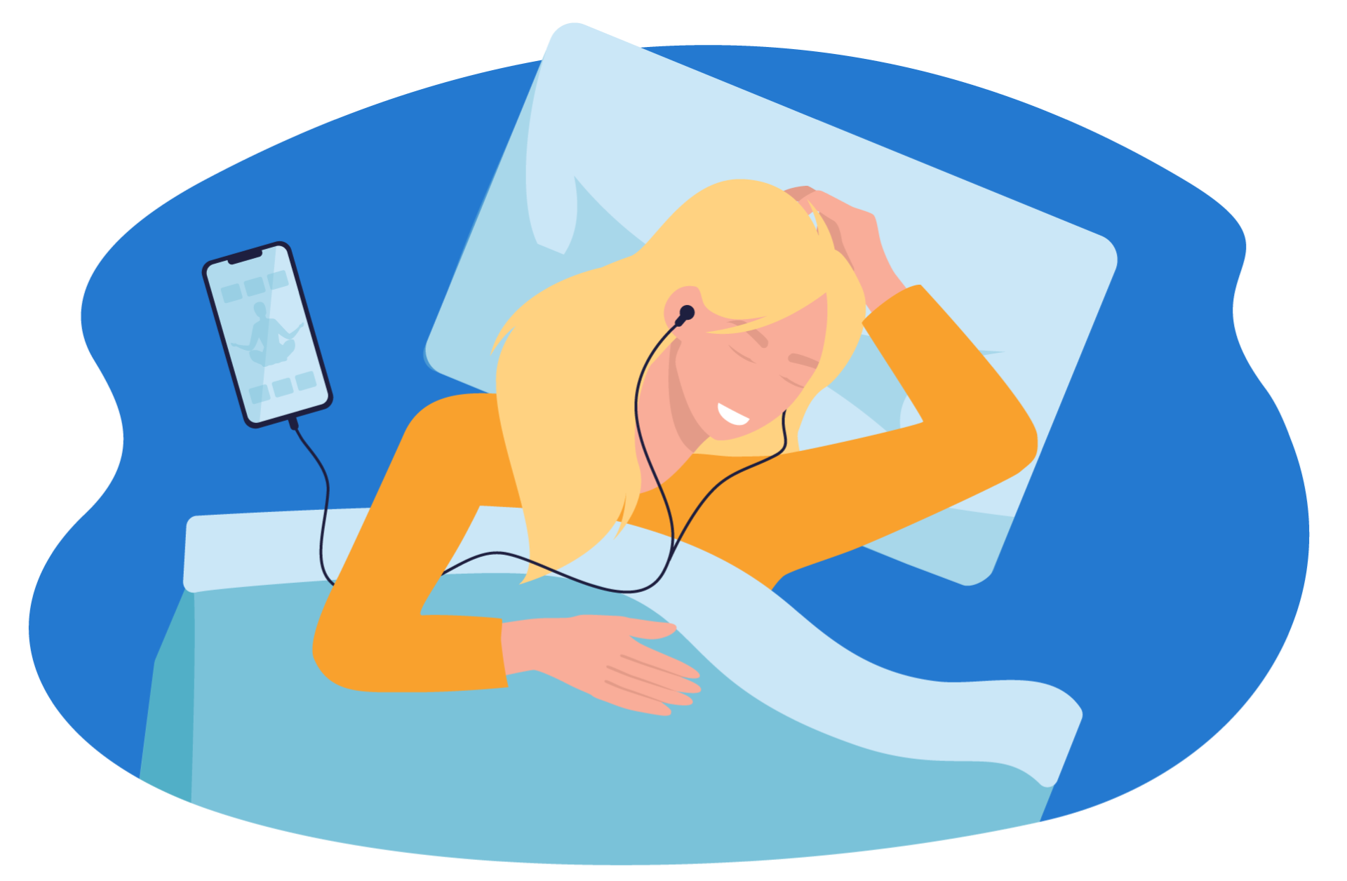 Desenho de uma mulher deitada na cama, meditando com fones de ouvido.